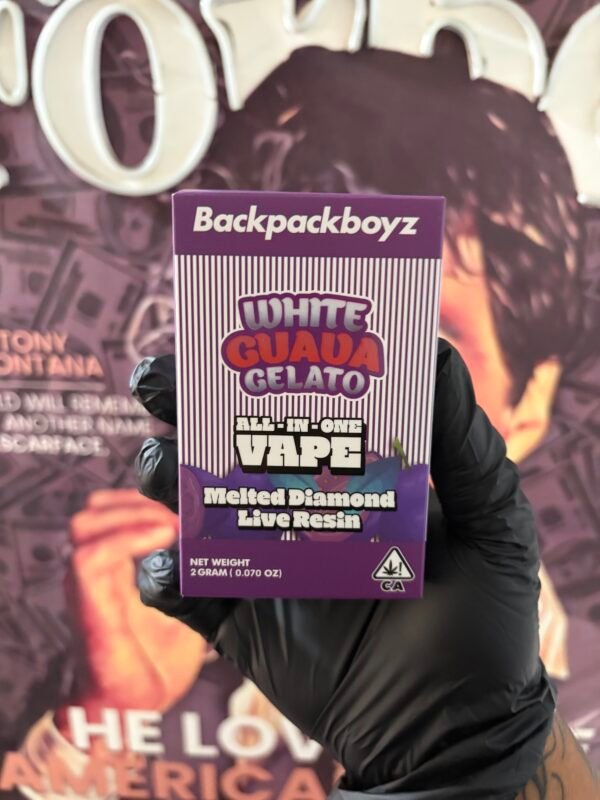 WHITE GUAVA GELATO 1 Hands in black gloves hold a purple Backpackboyz All-in-One Vape box labeled 'White Guava Gelato'