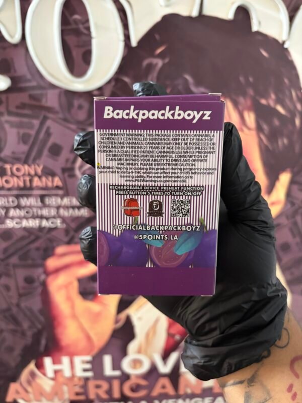 WHITE GUAVA GELATO 2 Close-up of a purple Backpackboyz box held by a gloved hand, with warning text and a QR code visible against a mural background.